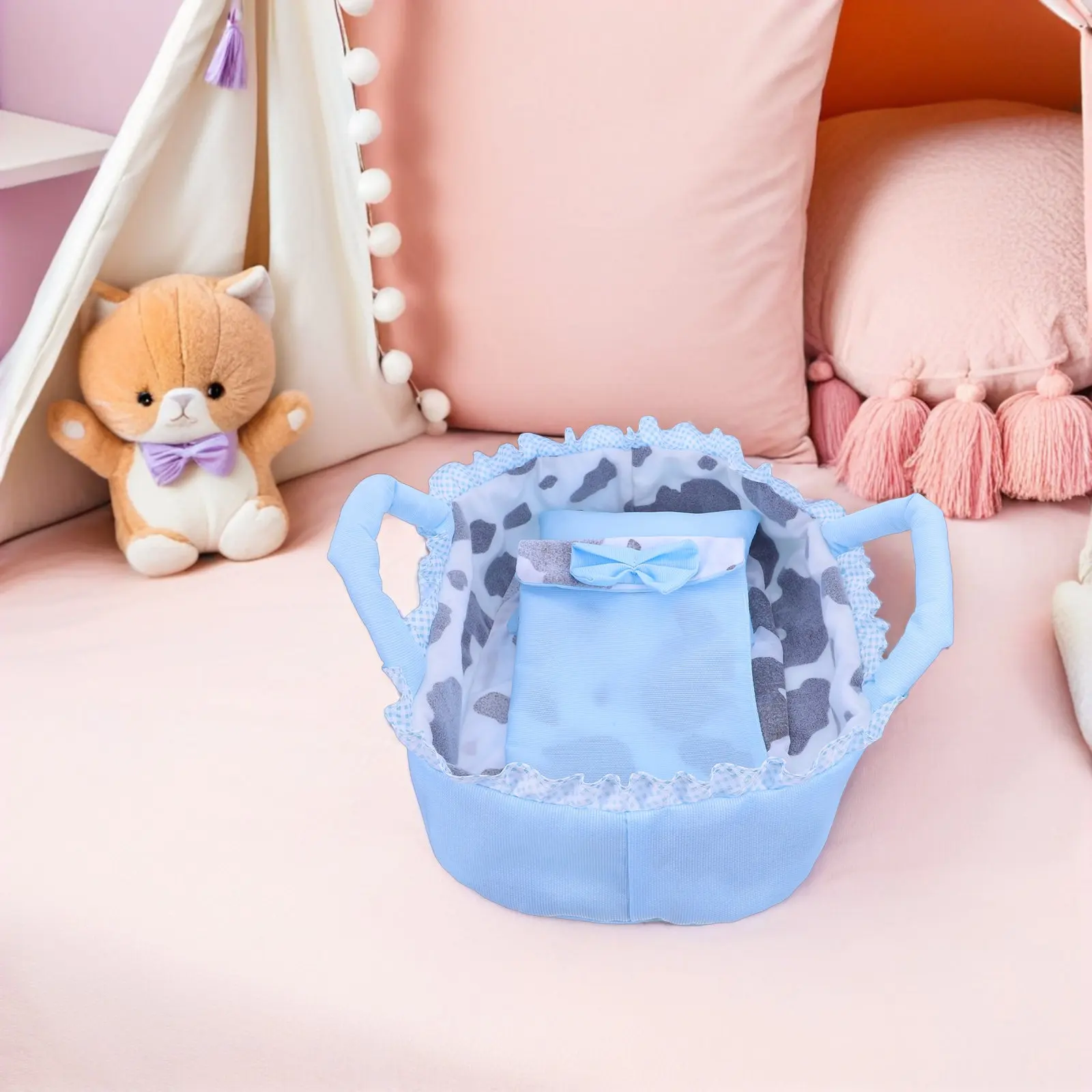 Фото Колыбель-кроватка для кукол 35 см с подушкой и одеялом, синяя, 13,8x9x3,9 дюйма, портативная люлька для реалистичных ролевых игр в кукольный домик №2