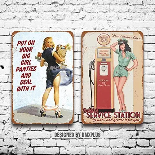 

Metal Sign (Set of 2) Gas Online Oil Sexy Pinup Girl Vintage Look Wall Decoration Home Decor Plaque