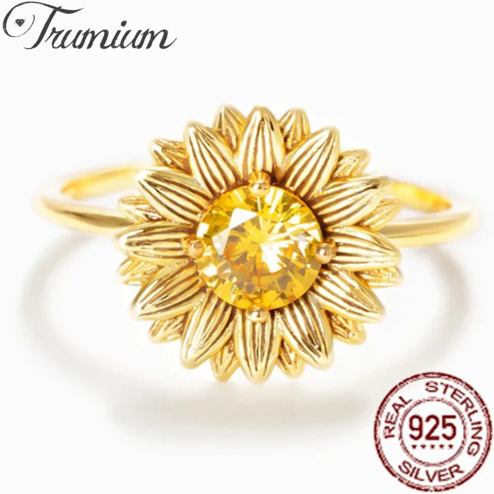 

Trumium Genuine 925 Sterling Silver Zircon Sunflower Finger Rings for Women Wedding Bands Engagement Statement Jewelry Anel