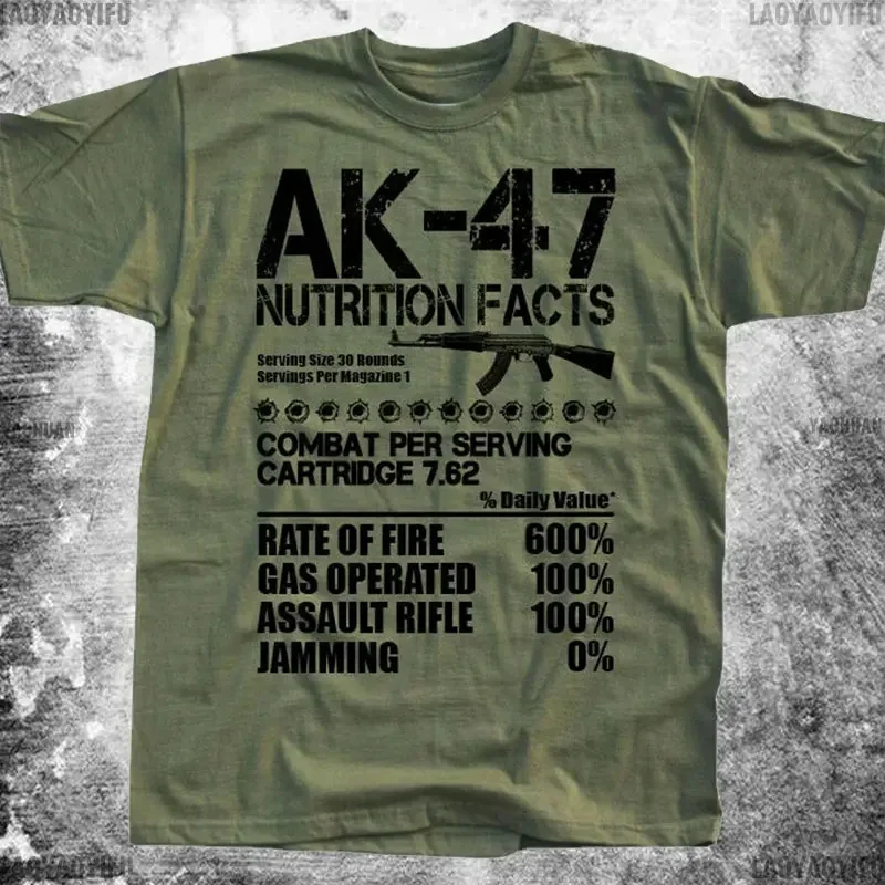 Unique Russian Kalashnikov AK47 Assault Rifle Nutrition Facts Graphic T Shirts Man Summer Cotton Short Sleeve O-Neck Men Shirt