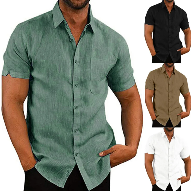 Men's Summer Casual Dress Shirt Mens Button Down Short Sleeve Linen Shirts Fitness Male Solid Shirts Costume