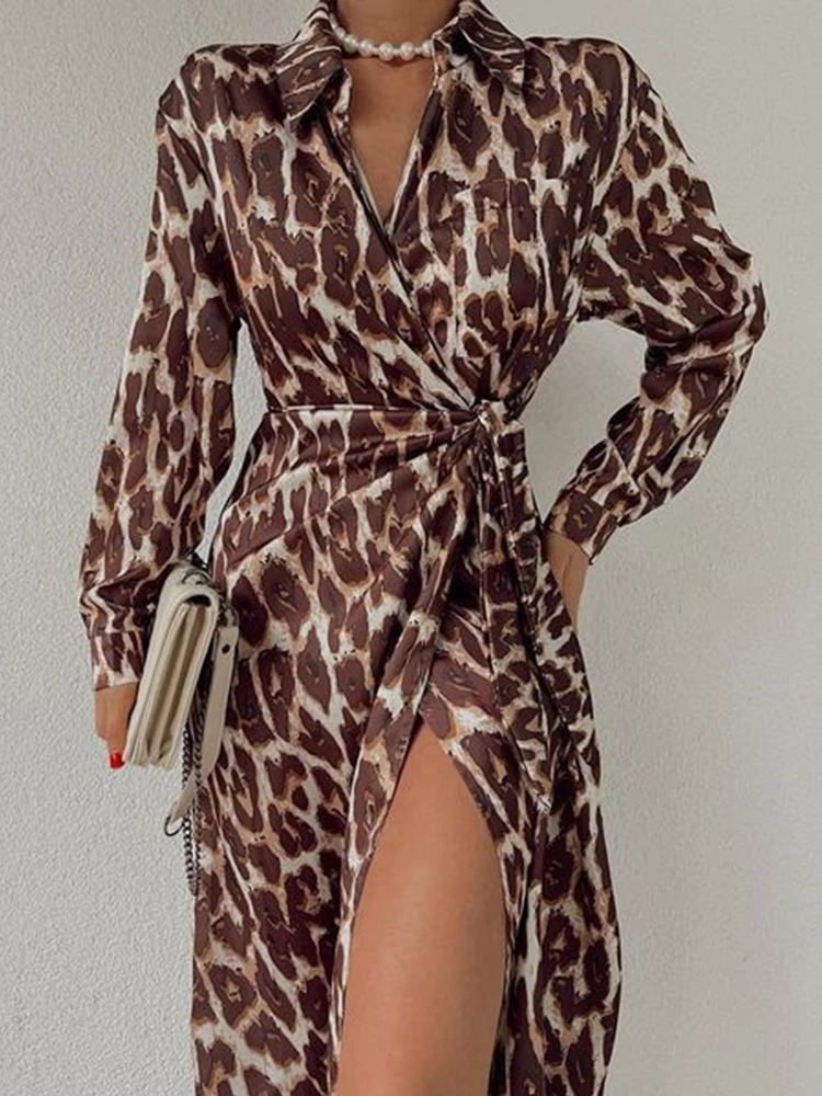 

Женское винтажное платье с леопардовым принтом, длинное вечернее платье с запахом, V-образным вырезом и поясом, офисное платье макси с высок...