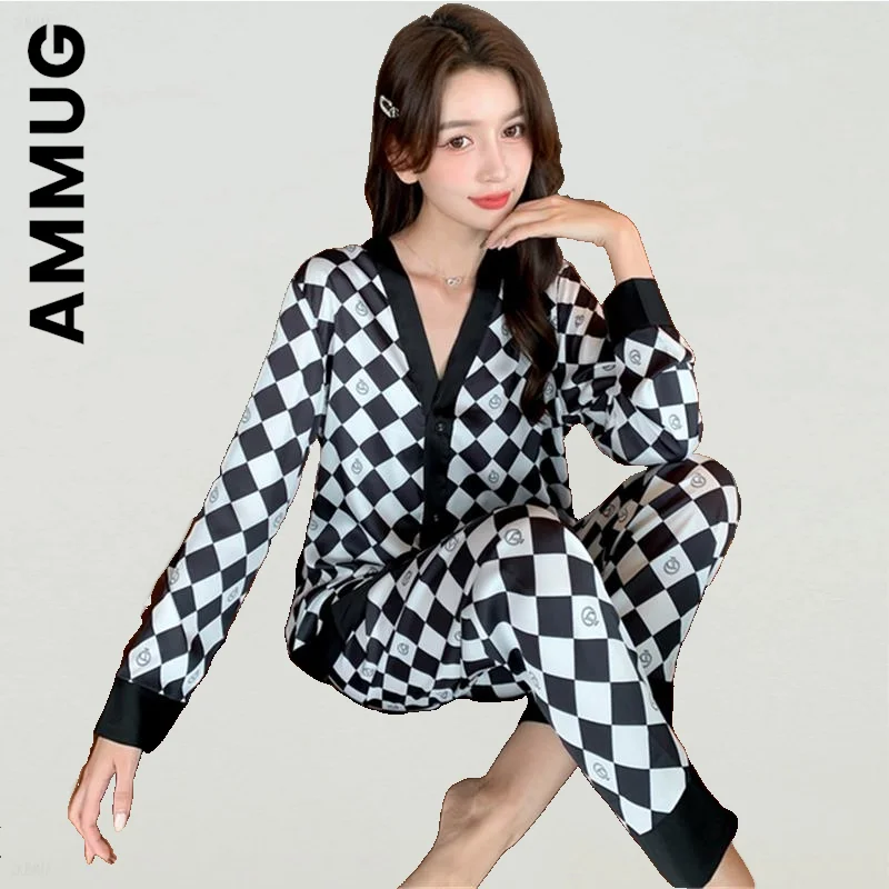 

Ammug Women Pajamas Summer Hot Women Pajamas Set Letter Print Silk Sleepwear For Women Elegant Female Nightgown Clothes