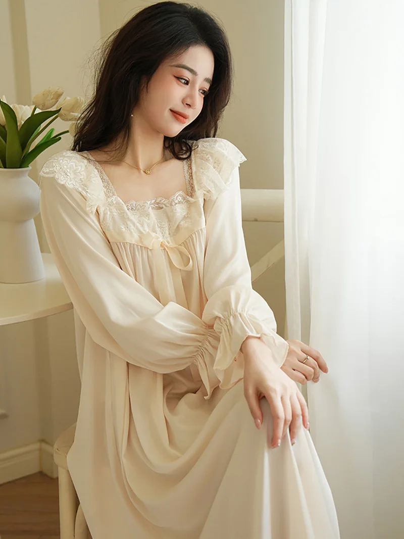 Women Lady French Victorian Silk Vintage Night Dress Sleepwear Fairy Pajama Loose Lace Square Collar Ruffles Princess Nightgowns