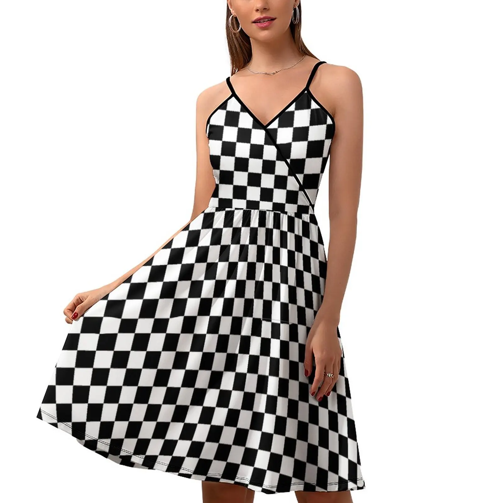 

Черно-белое ретро прямоугольное платье, красивые платья для шахматной доски, женская уличная одежда, Повседневное платье на бретельках, Одежда большого размера на заказ