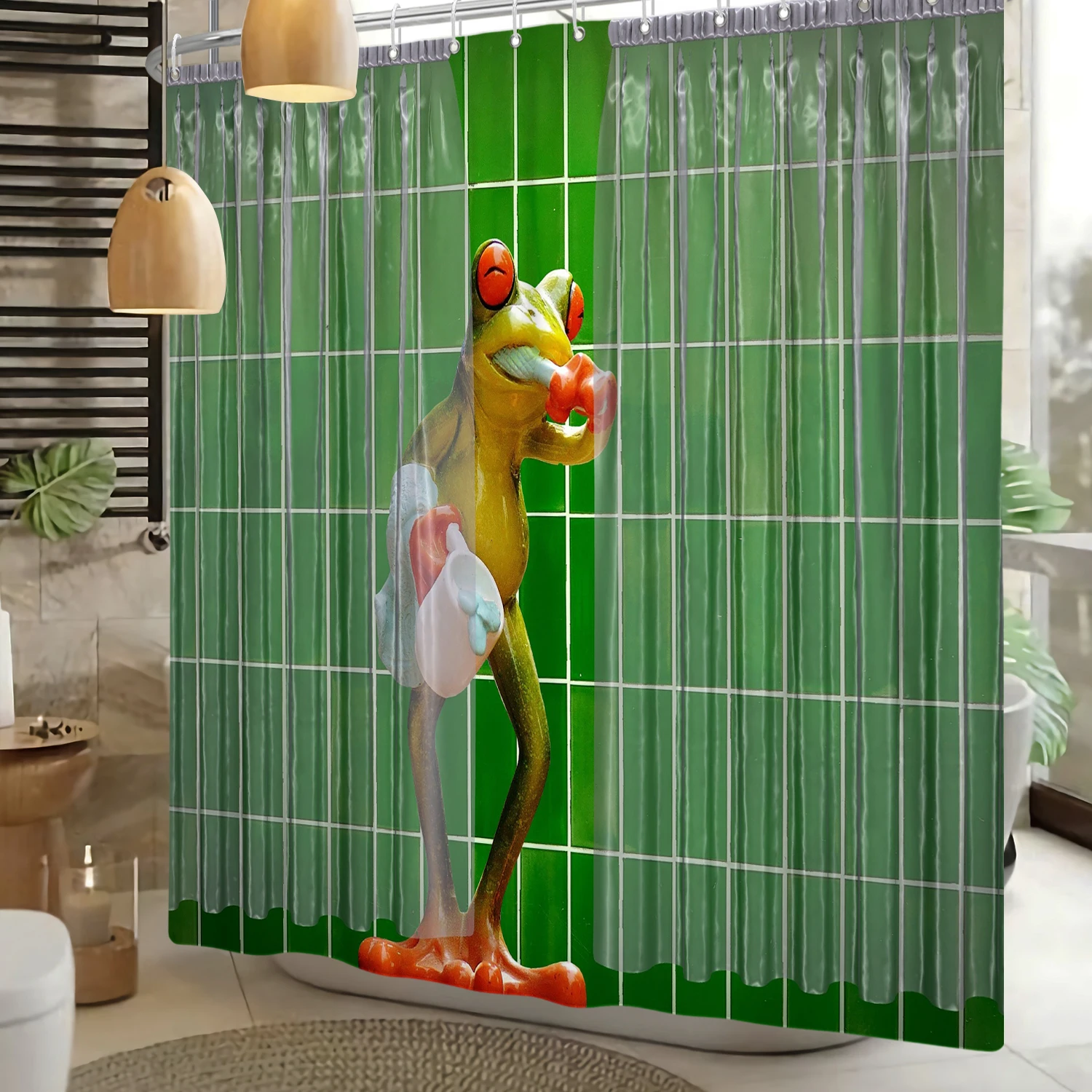

Funny Frog Cartoon Shower Curtain Sets Leaf Animal Creative Children Bathroom Decor Waterproof Fabric Home Hooks Bath Curtains