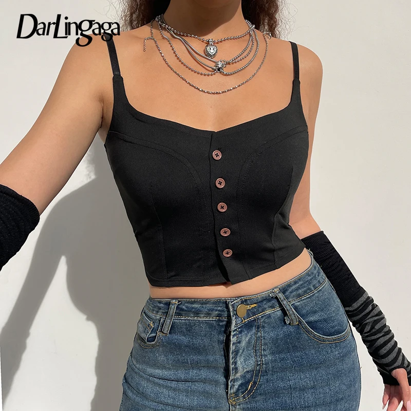 

Darlingaga Fashion Elegant Strap Black Corset Crop Top Women Solid Buttons Up Summer Cami Tops Backless Short Gothic Clothes New