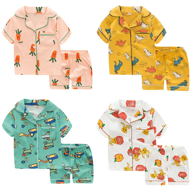 

Mosengkw Children Summer Thin Turndown Collar Sleeping Clothes Set Colorful Cute Cardigan Home Clothing Set