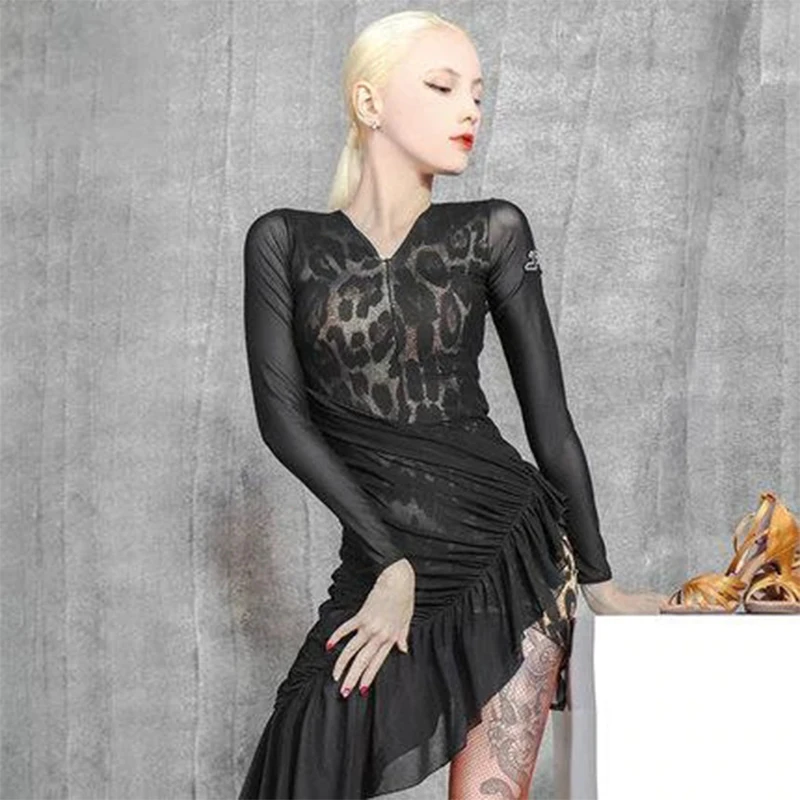 Women'S Patchwork Latin Dance Dress Professional Woman Dance Wear V-Neck Long Sleeve Stage Costume Pole Dancing Sexy Outfits