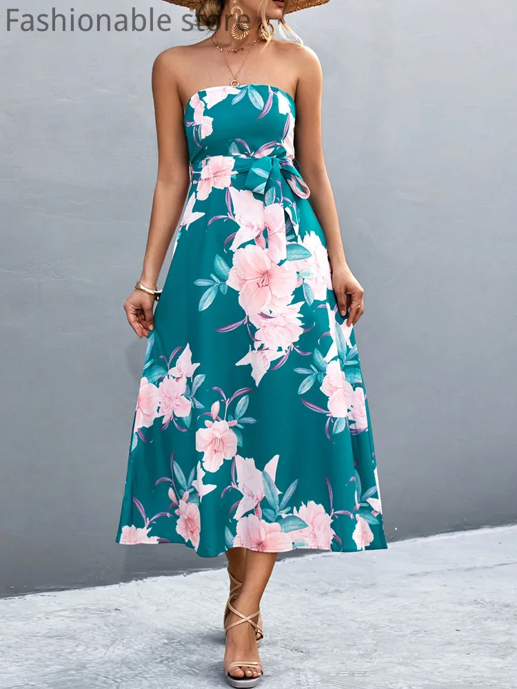 Цветочный принт бандо без рукавов с завязкой на талии ТРАПЕЦИЕВИДНОЕ ПЛАТЬЕ С