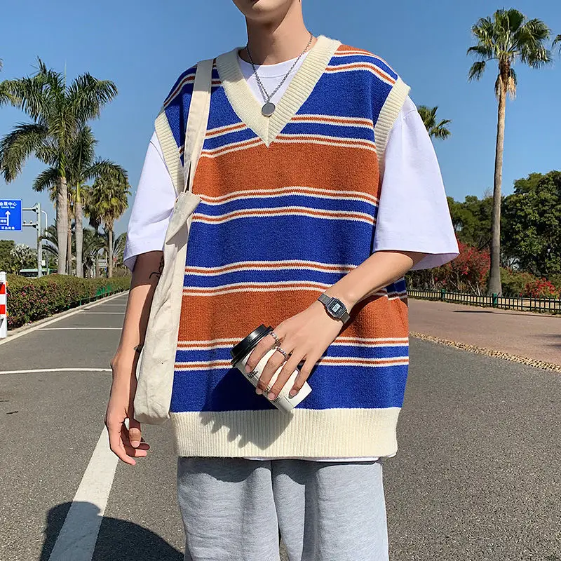 

Stripe Sweater Vest Men Fashion Retro Casual V-neck Sweater Vest Men Streetwear Korean Loose Vest Sweater Pullover Mens Clothes