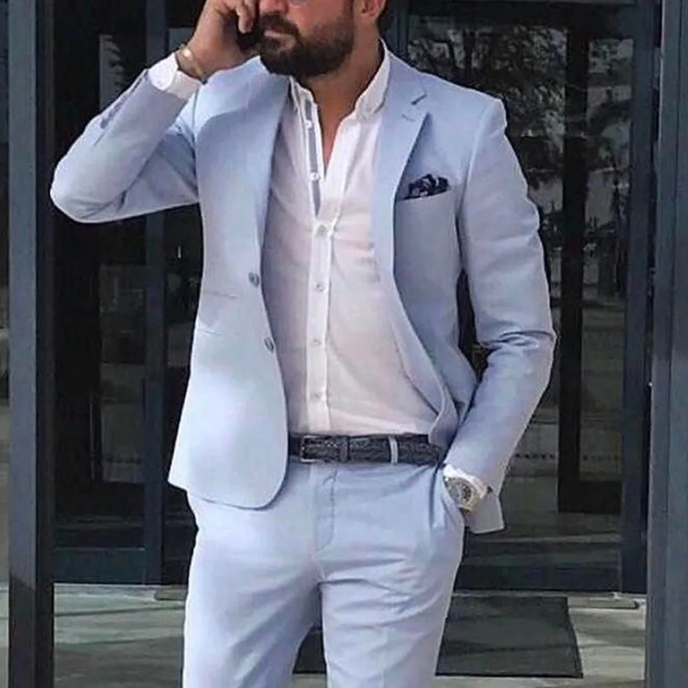 

Sky Blue Linen Beach Men Suits 2022 Summer 2 Piece Slim Fit Groom Tuxedo for Wedding New Male Fashion Jacket with Pants