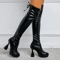 2022 new arrival sexy over the knee boots women fashion round toe cross lace up chunky heels platform shoes booties