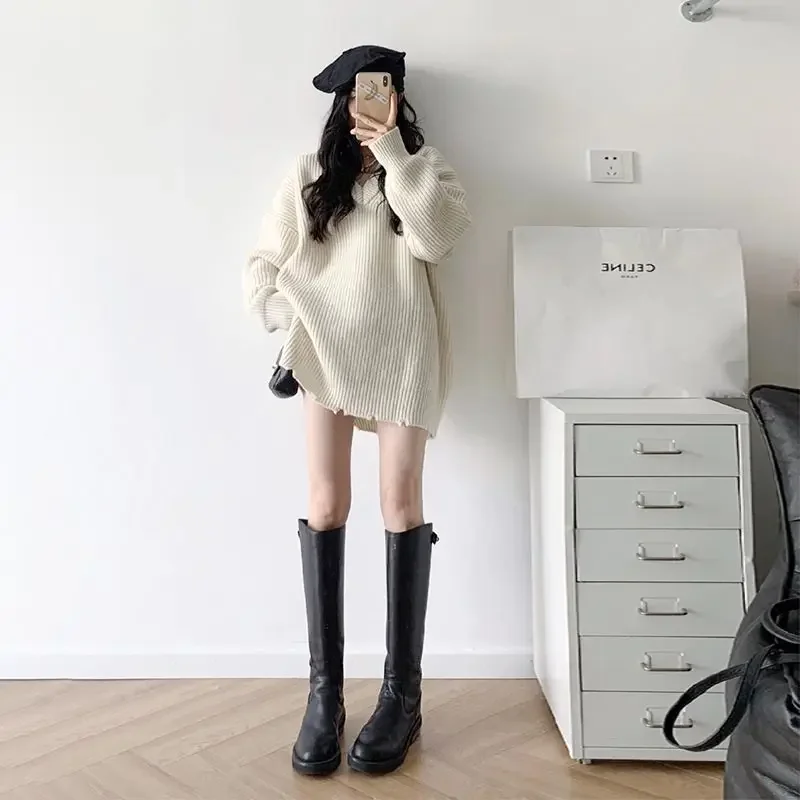 Свитер женский оверсайз с V-образным вырезом теплая одежда повседневный