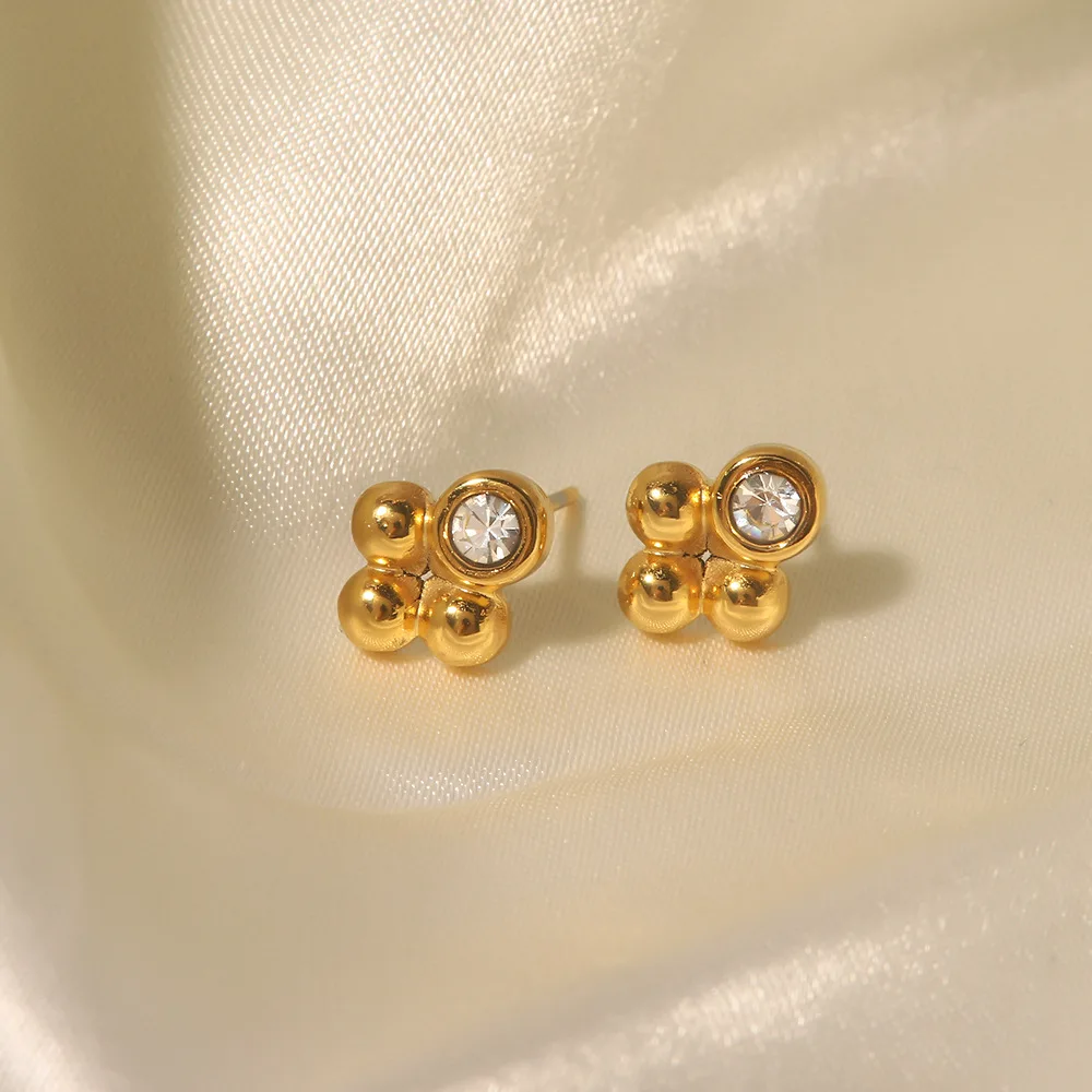 Stainless Steel PVD 18K Gold Plated Tarnish Waterproof Rinestoned Flower Stud Earrings For Woman Jewelry Wholesale Trendy