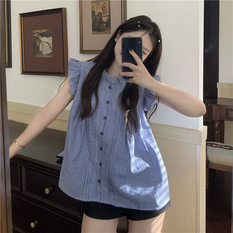 

Striped Print Blue Shirt Blouse Summer Ruffles Loose Casual Lady Tops Tees Clothes