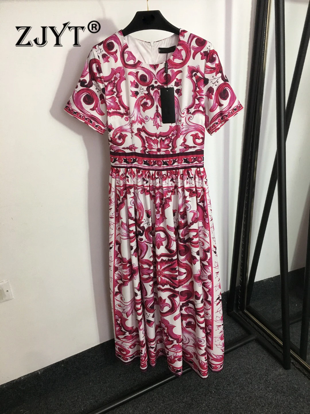 

ZJYT Summer Runway Vintage Print Midi Dress for Women 2023 Fashion Short Sleeve Casual Vacation Vestidos Para Mujer Party Robes