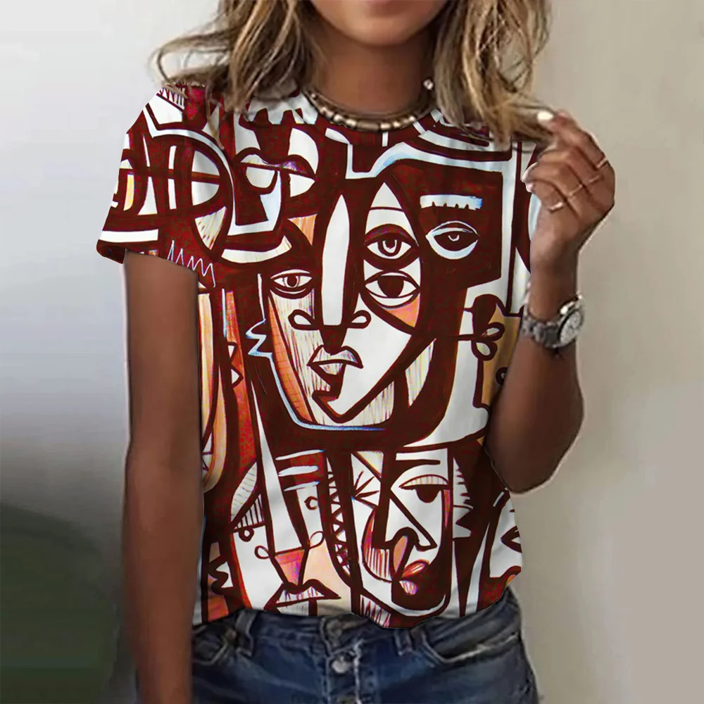 

Vintage Fashion Woman T-shirt Abstract Art Print Short Sleeve Casual Pullover Street Hot Sale Everyday Street Tops 2023 Summer