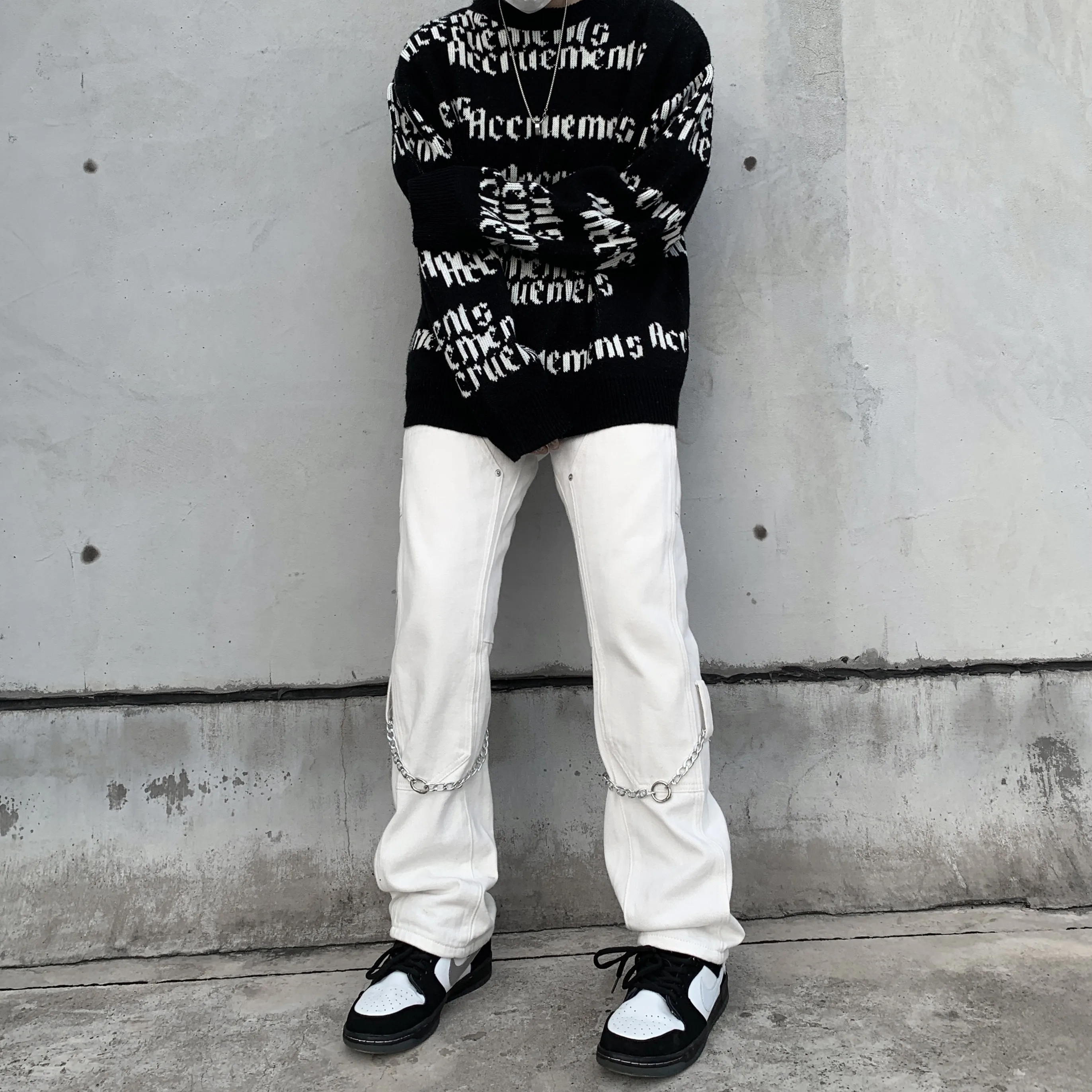 Men's Korean Casual Streetwear White Harajuku Vintage Jeans Graffiti Wide Leg Baggy Straight Denim Pants Trousers