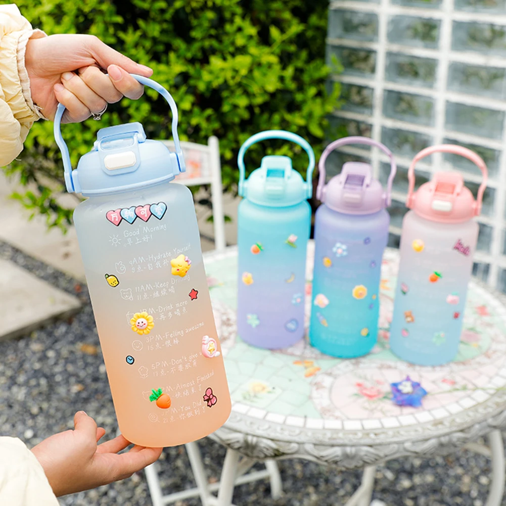 

2000ML Large Capacity Water Bottle with Handle Plastic Straw Water Cup Time Scale Frosted Gradient Outdoor Sports Student Couple