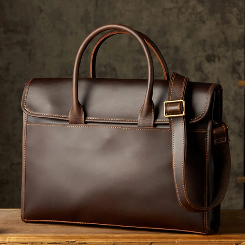 

AETOO Handmade crazy horse leather horizontal handbag leather shoulder messenger bag men's OL business casual briefcase compute