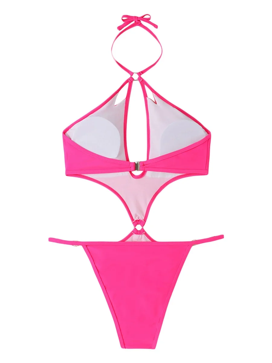 

Женский сексуальный купальник, комбинезон, купальный костюм с жемчужной цепочкой, без рукавов, с лямкой на шее, с вырезами, боди