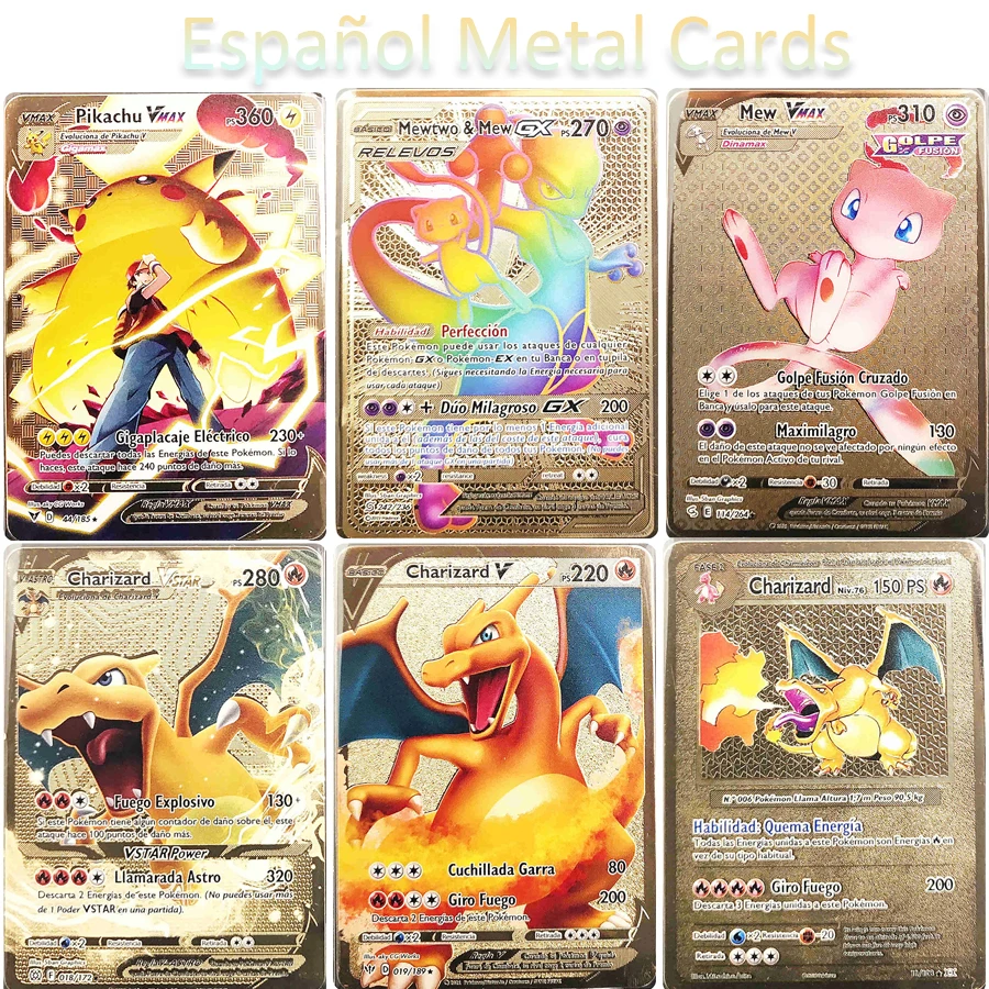 Español Pokemon Cards Golden Metal Cards Anime Charizard Pikachu Vstar VMAX GX Game Collection Cards Kids Gift Toys Christmas