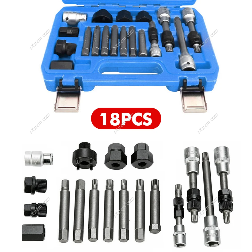 

18pcs Alternator Repair Tool of Alternator Freewheel Pulley Puller Removal Socket Tool Kit Disassembly Tool