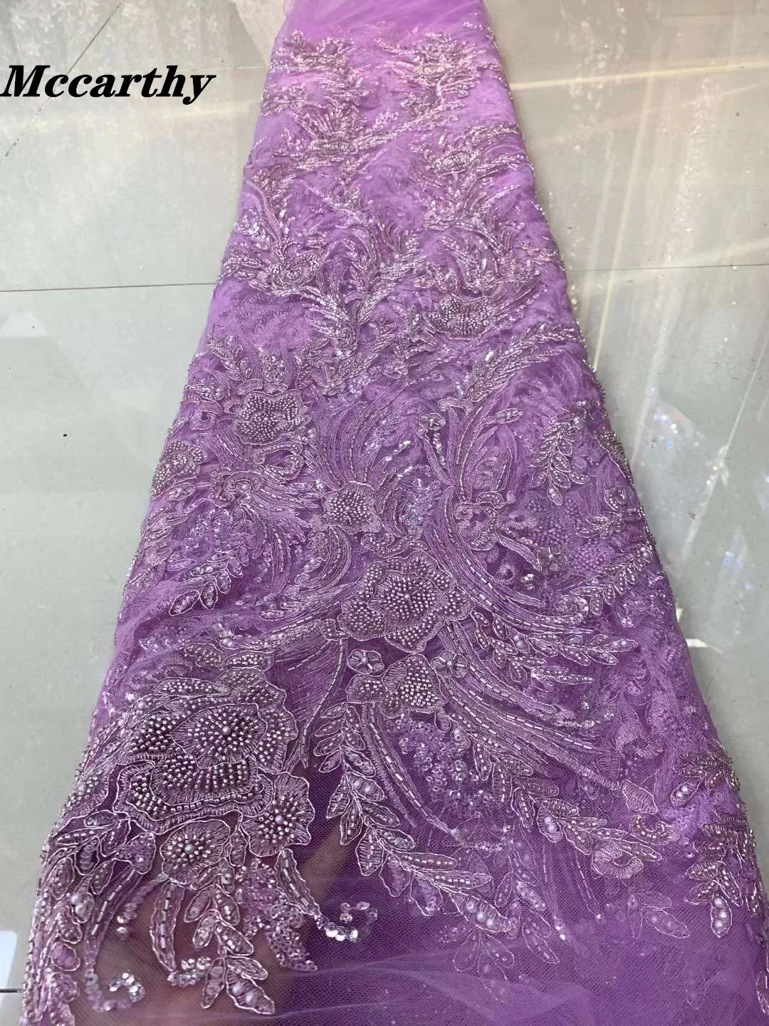 

Mccarthy 2022 New Design Sequence Beaded Lace Fabric Luxury French Embroidery Sequins Tulle Lace Fabric For Bridal Dress