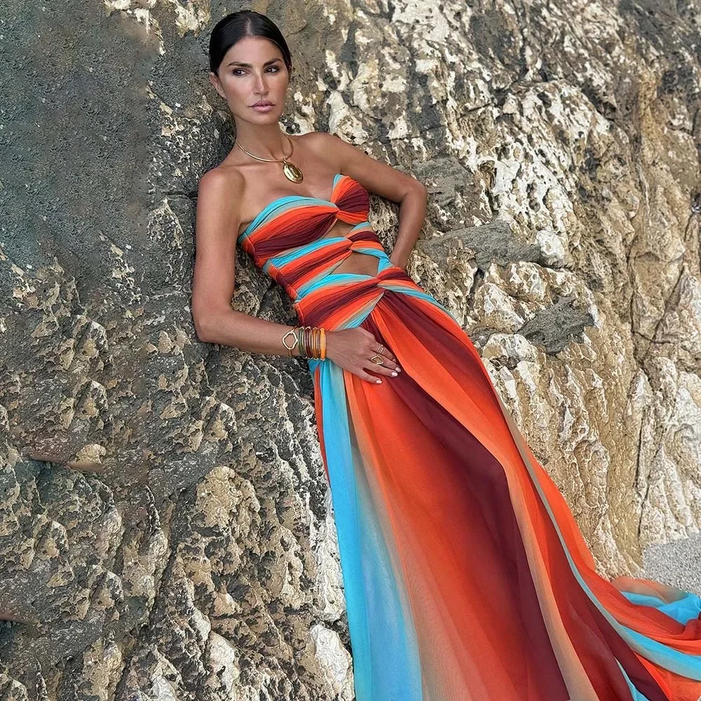 Слитный купальник и юбка с градиентом сине-оранжевого цвета Женская пляжная