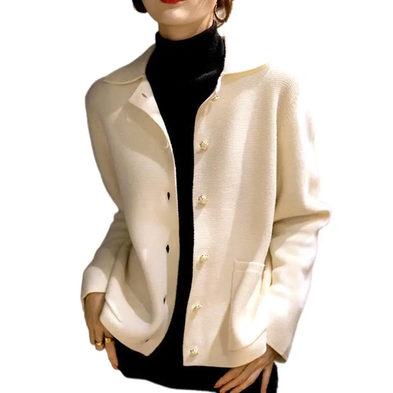 

Women's French Style Knitted Cardigan Office Lady Long Sleeves Camellia Buttons Black White Turn-down Collar Women's Clothing