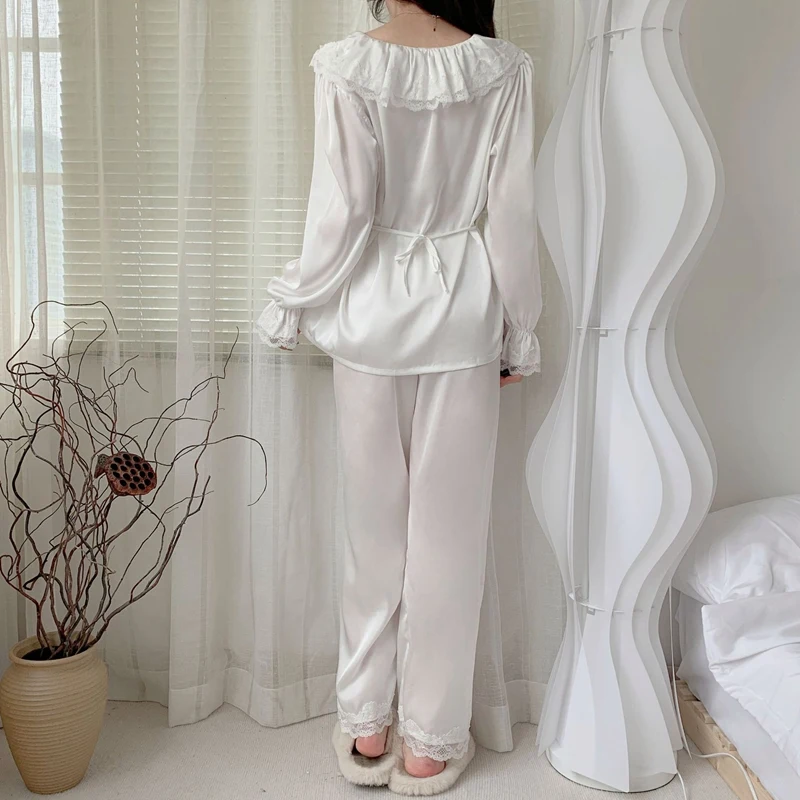 Pajamas Sets Silk Sleepwear Suit Autumn Girls Pajamas Long Sleeve Pijamas Tops+Pants 2pcs Clothing Silk Pajamas for Women