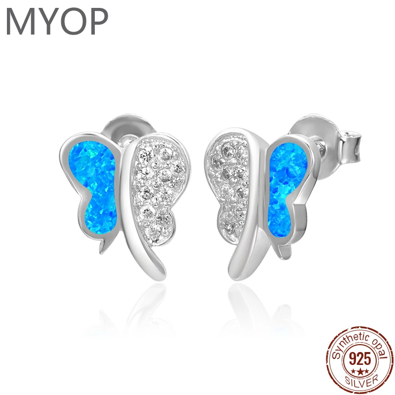 

MYOP Cute Animal Butterfly Earrings Blue Fire Opal Earring For Women 925 Sterling Silver Zircon Crystal Jewelry