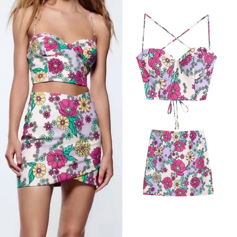 

2022 Fashion Print Short Tops + Skirt Set Summer New Sexy Beach Style Sleeveless Shirts High Waist Girl Outfits two pcs