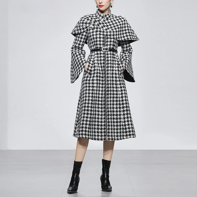 2022 Fall/Winter 2 Pieces Houndstooth Dress Simple Office Casual Dress Flare Sleeve Fashion Professional Dresses Casual Vestidos