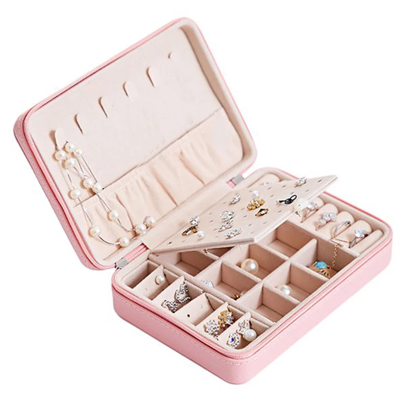 

Multifunctional Portable Pu Jewelry Box Zipper Bracelet Earrings Necklace Rings Storage Case Cabinet For Travel