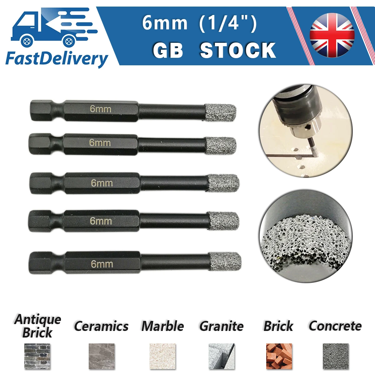 

SHDIATOOL 2pcs/3pcs/4pcs/5pcs Dia 6MM Quick-Fit shank Dry drilling Core bits hole saw For for Marble Granite Vitrified Tile Hole