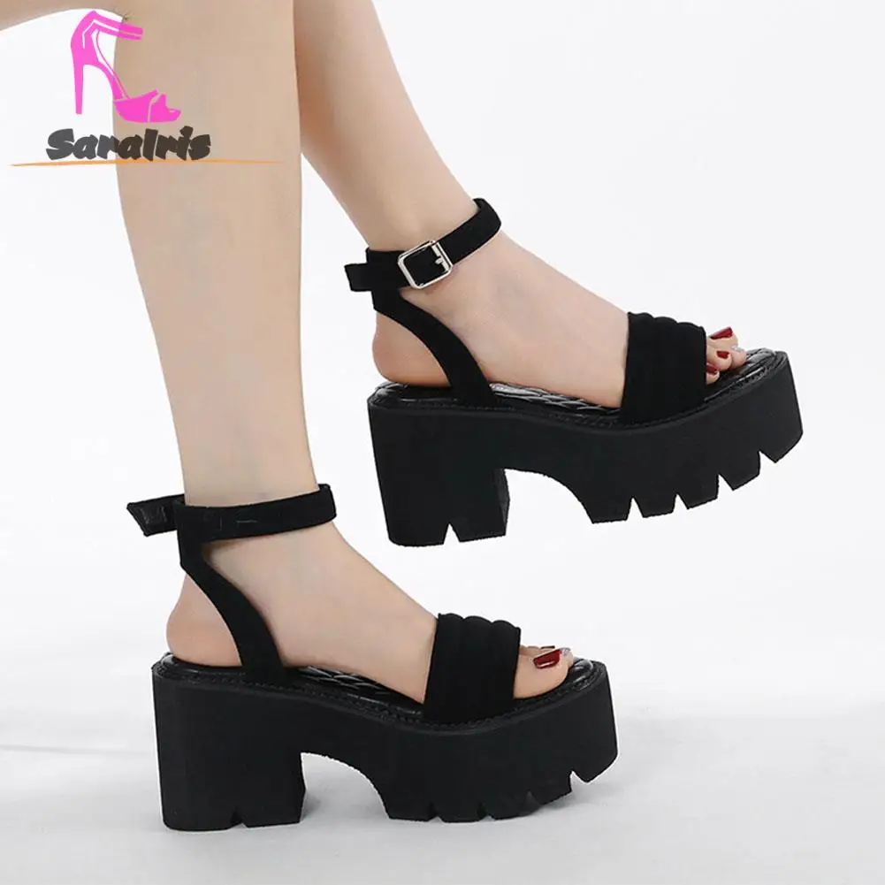 Chunky High Heeled Super Soft Bottom Sandals For Women 2023 Summer European Style Simply Casual Ankle Buckle Sandals Plus Size