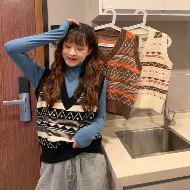 

Sweaters Vest Jackets Women Autumn Winter Loose Korean Fashion Loose V-neck Knitted Pullover Pull Tops Vintage Clothing Vetement