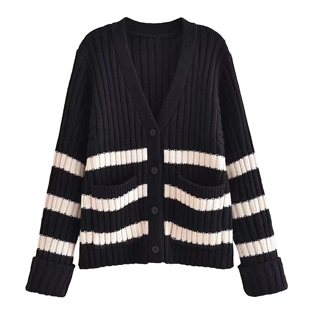 

BER&OYS&ZA Autumn/winter 2022 new women's vintage round neck fashion stripe knit loose casual long sleeve cardigan