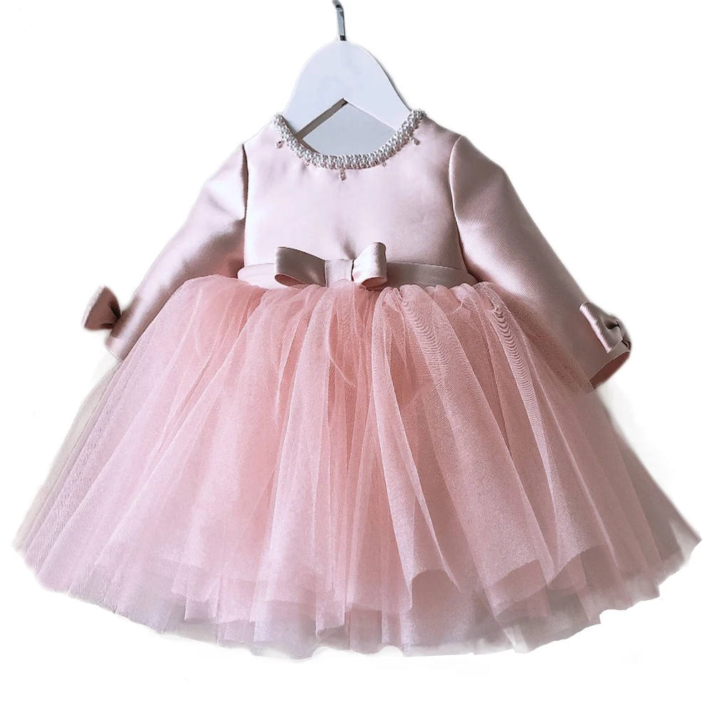 

2023 Spring Kids Toddler Baby Flower Girls Satin Tulle Classic Knee-length Dress for Birthday Ceremonies Wedding Party 1-9Years