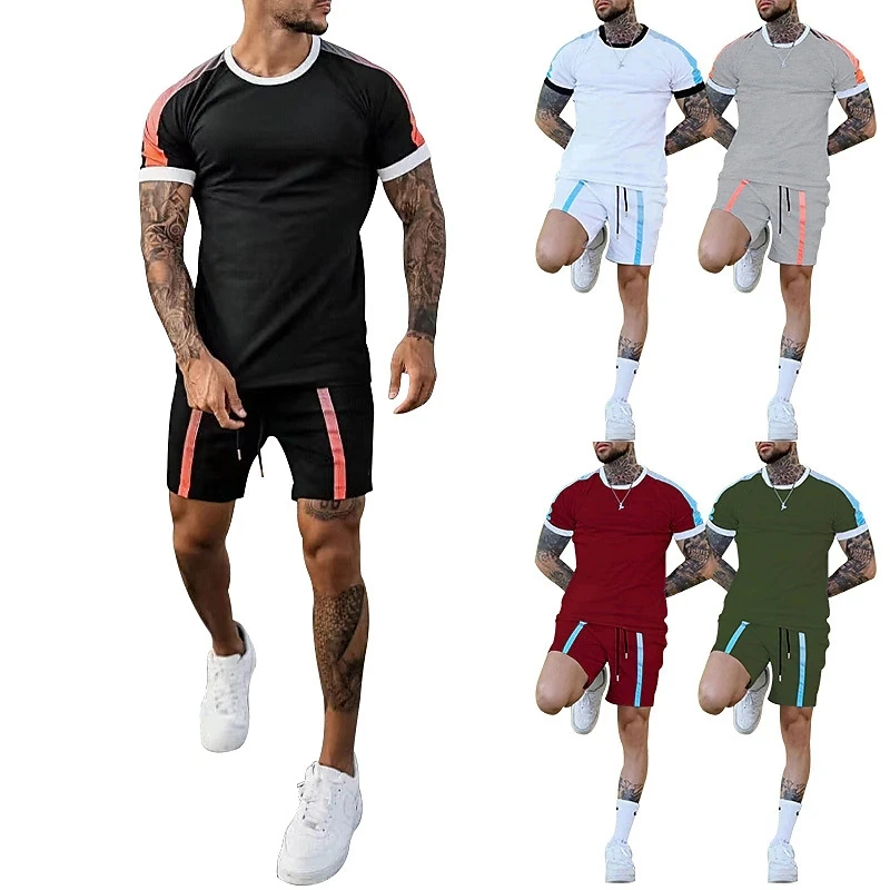 Men Clothes T-shirt Suits Plus Size 3D Printed Solid Color Graphic New Fashion Designer Round Neck Ropa Short Sleeve 2 Pcs