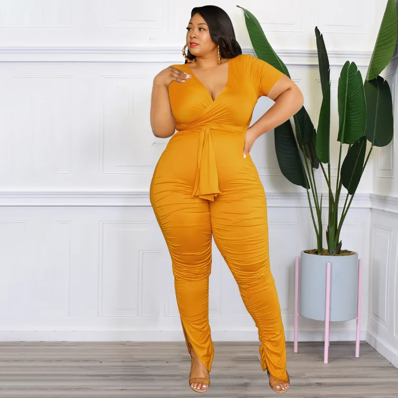 Plus Size Solid Lady Two Piece Set V Neck Short Sleeve Lace Up Top Pencil Pants Elegant Women Suit Streetwear Office Lady Outfit