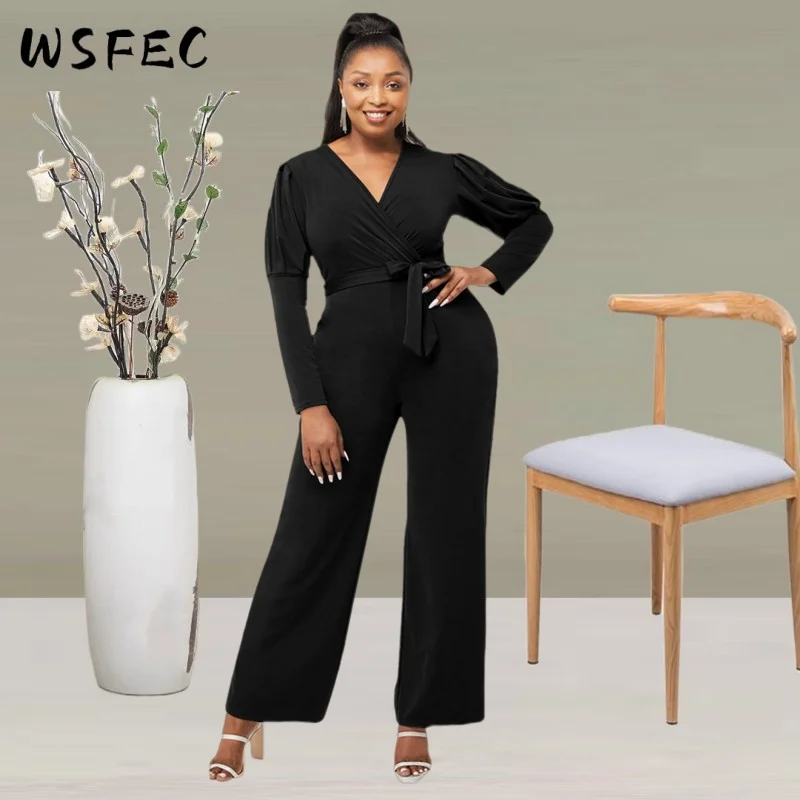

WSFEC 2023 весенние наряды, женские комбинезоны с длинным рукавом и V-образным вырезом, деловой элегантный комбинезон с широкими штанинами, Прямая поставка, оптовая продажа