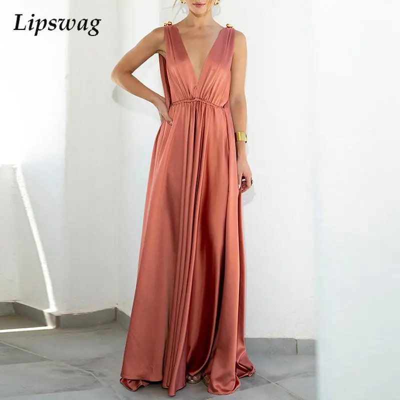 

Summer Sexy V Neck Backless Dress Women New Fashion Sleeveless Long Dress Office Lady Elegant Button Hollow Party Dress Vestido