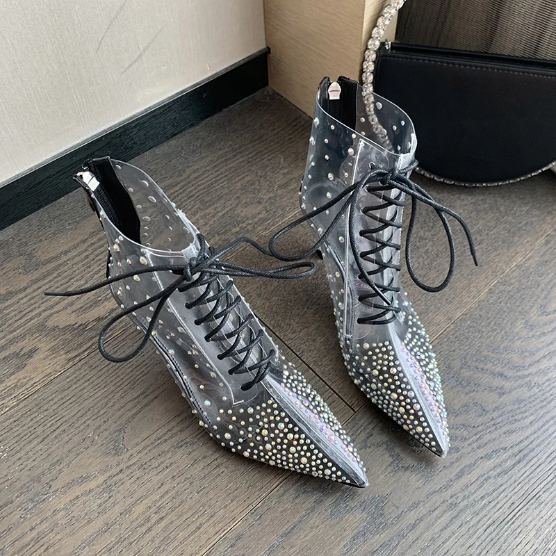 ZOOKERLIN Pointed PVC Rhinestone Zipper Women's Boots Fashion Ankle Boots Black Sexy High Heels Autumn Winter Clear Woman Shoes