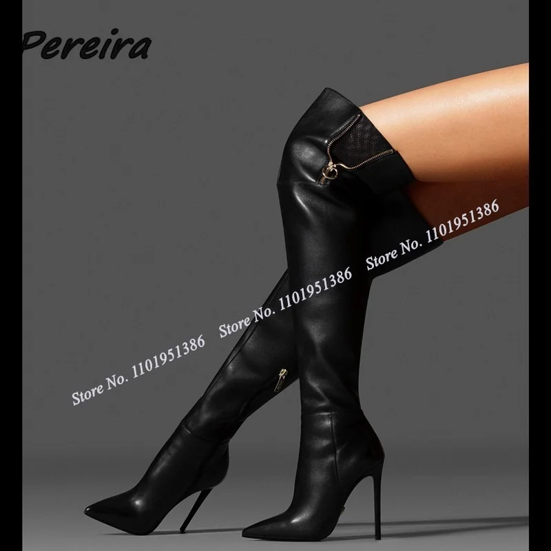 Pereira Black Zipper Decor Patchwork Boots Over the Knee Pointed Toe Stiletto Shoes for Women High Heels Winter Zapatillas Mujer