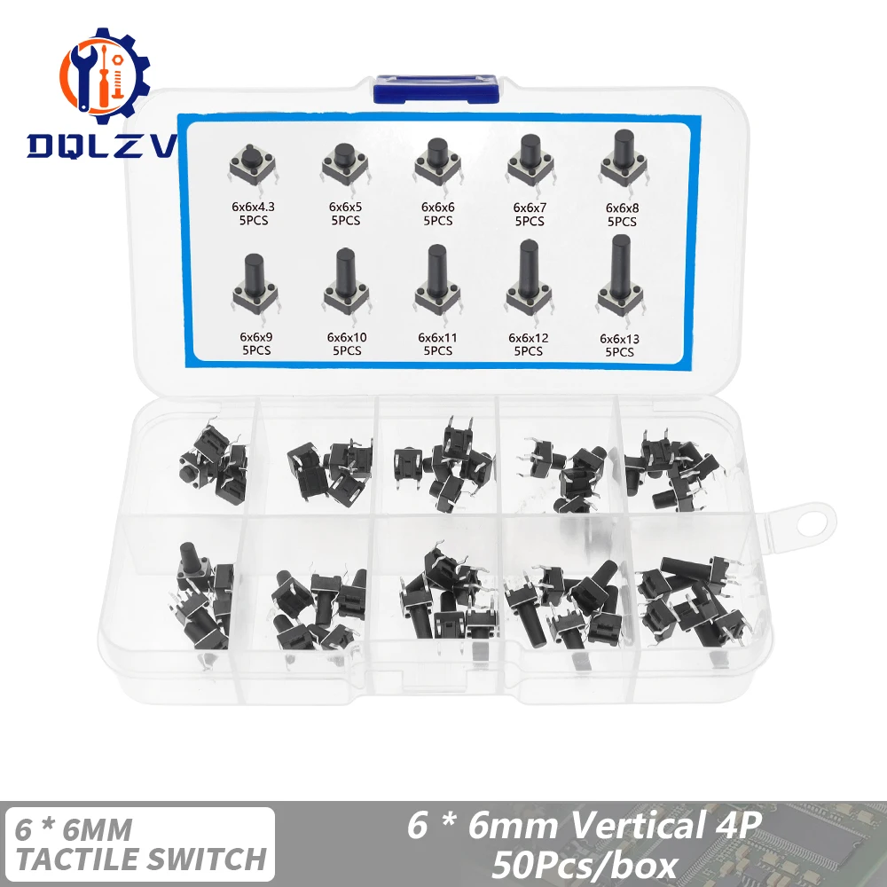10 Тип 6*6 Легкий микросенсорный переключатель Набор кнопочных переключателей Высота: 4,3 5 ~ 12 мм DIP SMD Аксессуары для инструментов 2P/4P 6x6 клавиш Tact