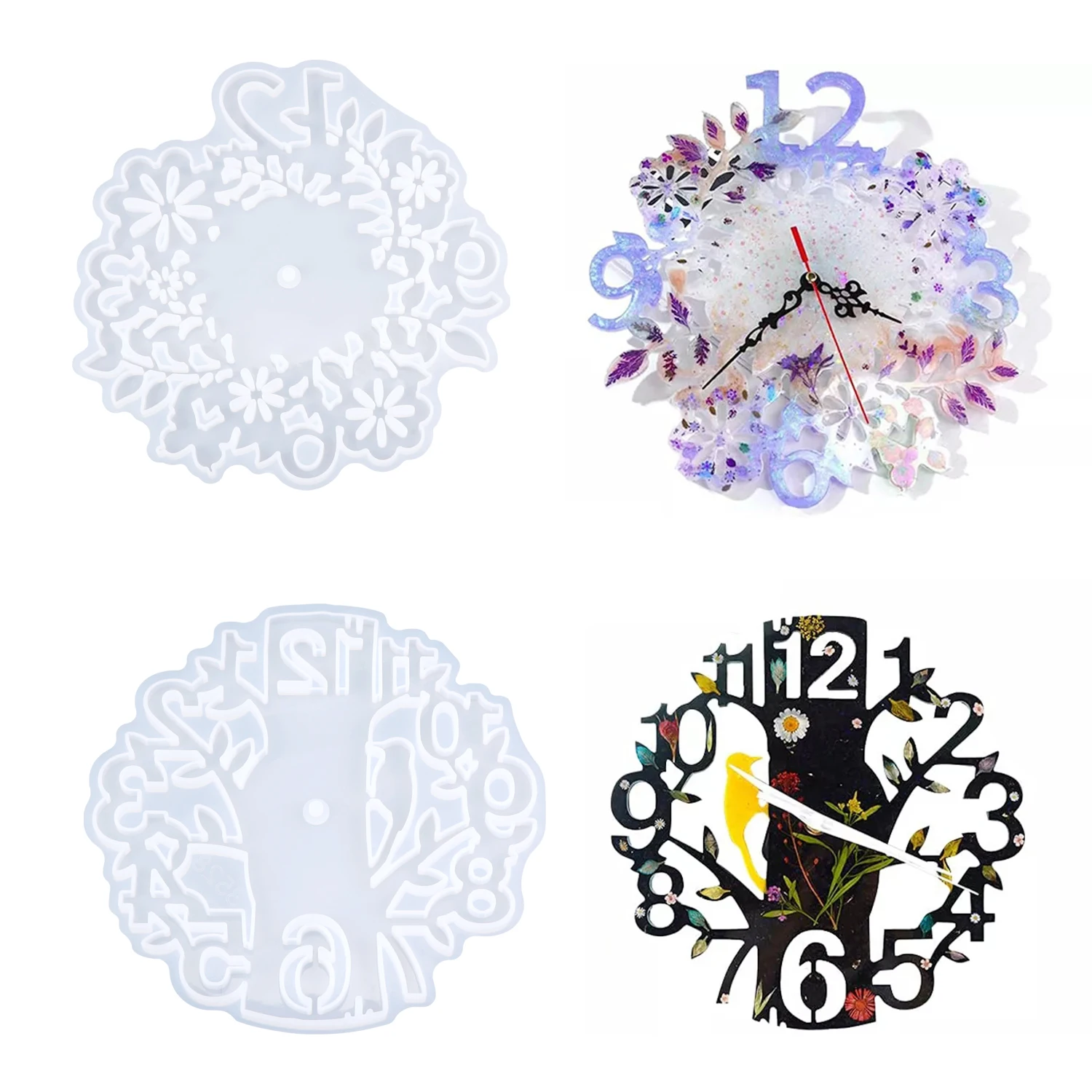 

1pcs Digital Woodpecker Flower Clock Big Tree Large Silicone Mould Clock Watch Core Epoxy Resin Handcraft DIY Wall Ornament kit