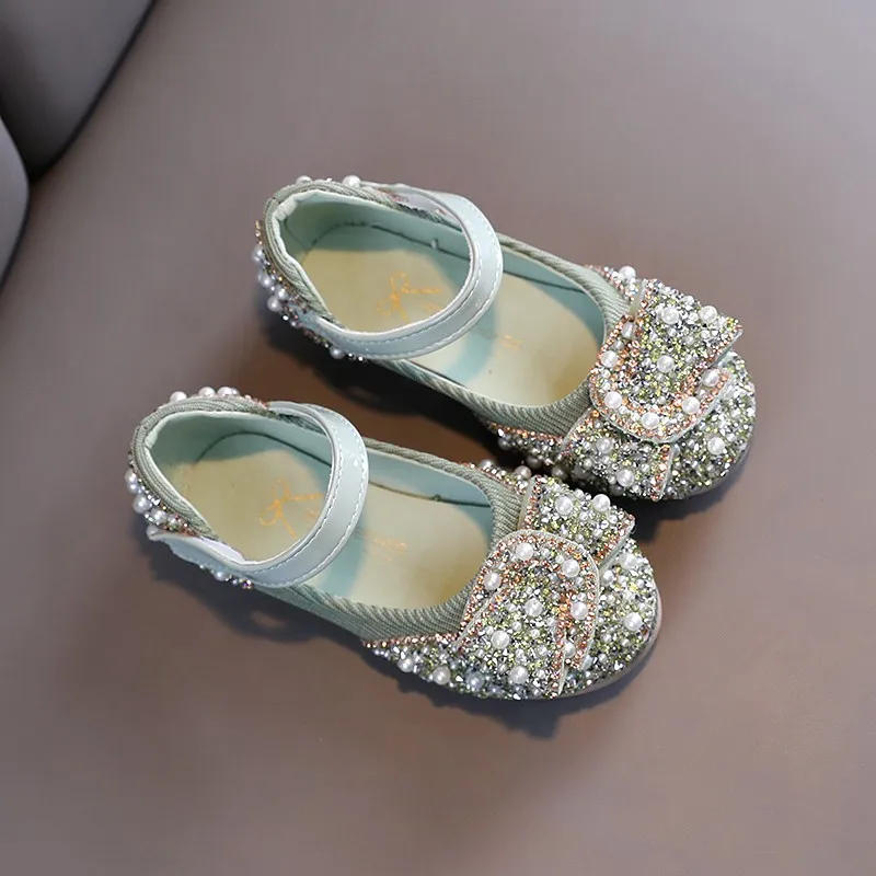 

Nice Children Shoes 2022 New Girls Princess Leather Shoes Pearls Rhinestones Shining Birthday Girls Party Wedding Kids Shoes